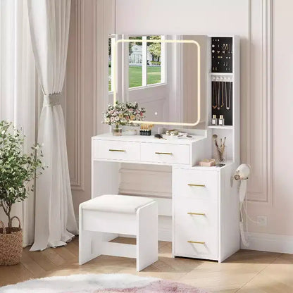 White Makeup Vanity Set with 5 Drawers, Stool and Jewelry Display, for Bedroom, Easy Assembly