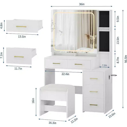 Set da toilette bianco con 5 cassetti, sgabello e porta gioielli, per camera da letto, facile montaggio