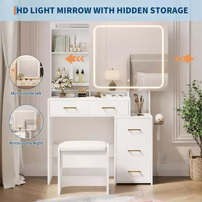 Set da toilette bianco con 5 cassetti, sgabello e porta gioielli, per camera da letto, facile montaggio
