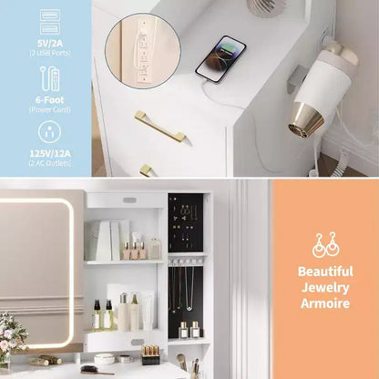 Set da toilette bianco con 5 cassetti, sgabello e porta gioielli, per camera da letto, facile montaggio