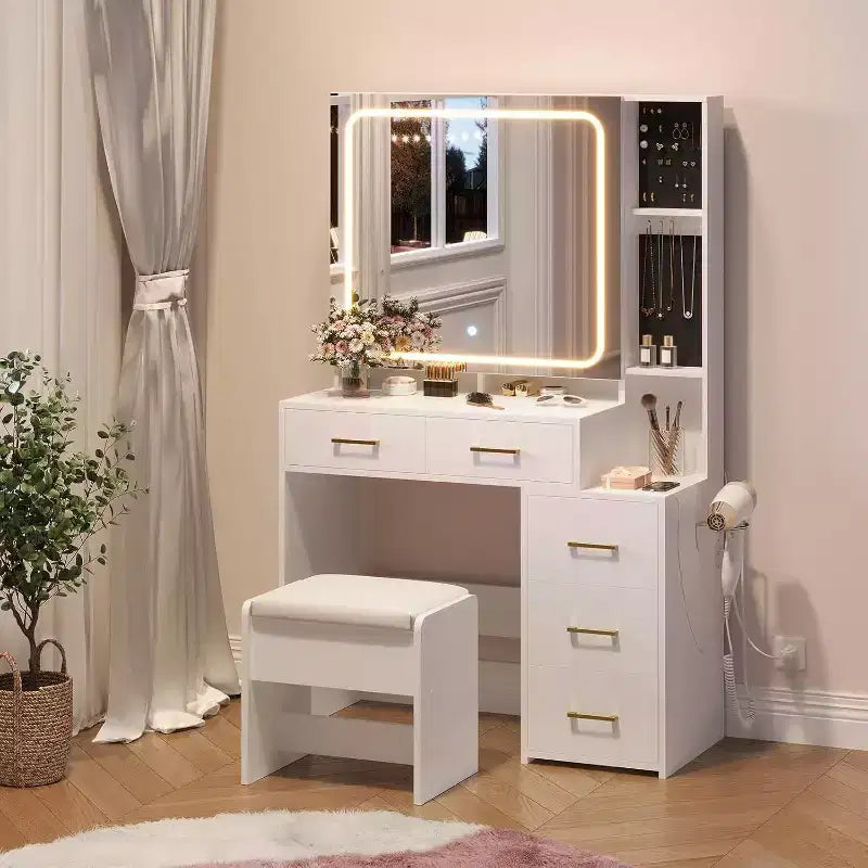 Set da toilette bianco con 5 cassetti, sgabello e porta gioielli, per camera da letto, facile montaggio