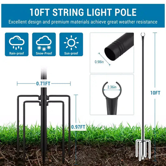 10FT Outdoor String Light Poles, Heavy Duty Metal Poles with 5-Prong Ground Base for Hanging String Lights, Tall Yard Garden Light Poles