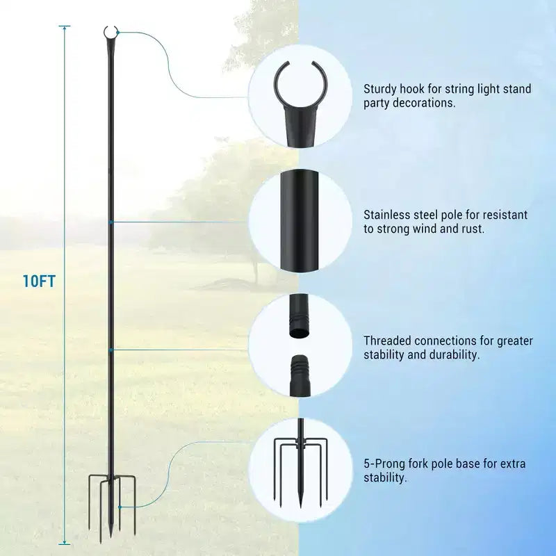 10FT Outdoor String Light Poles, Heavy Duty Metal Poles with 5-Prong Ground Base for Hanging String Lights, Tall Yard Garden Light Poles