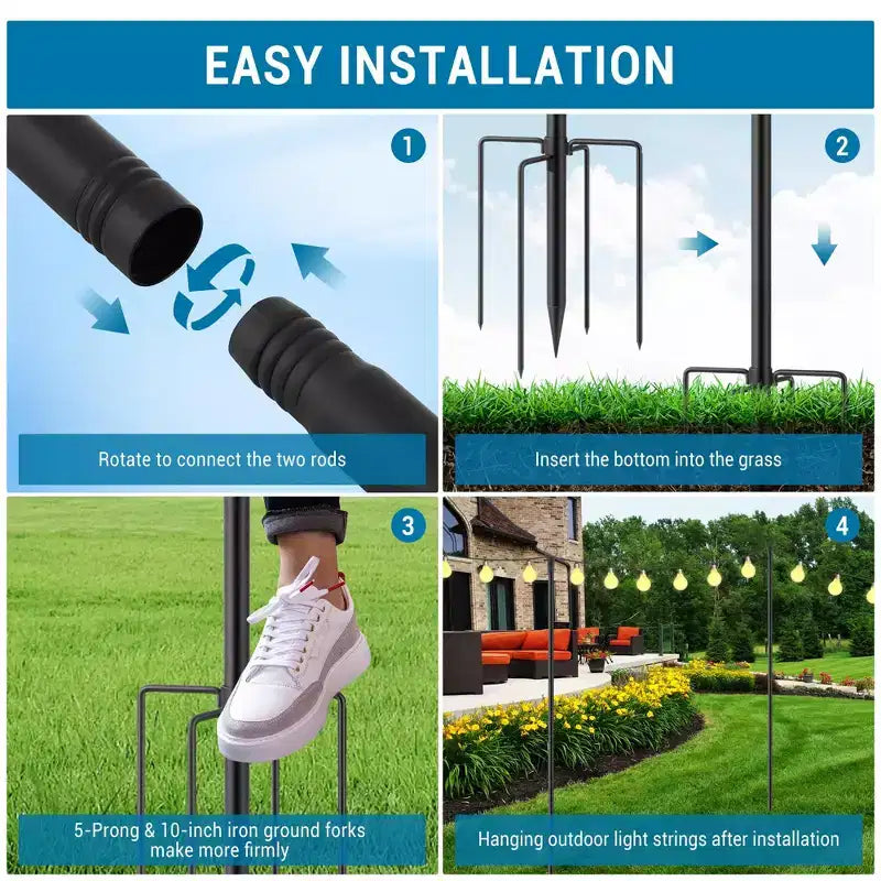 10FT Outdoor String Light Poles, Heavy Duty Metal Poles with 5-Prong Ground Base for Hanging String Lights, Tall Yard Garden Light Poles