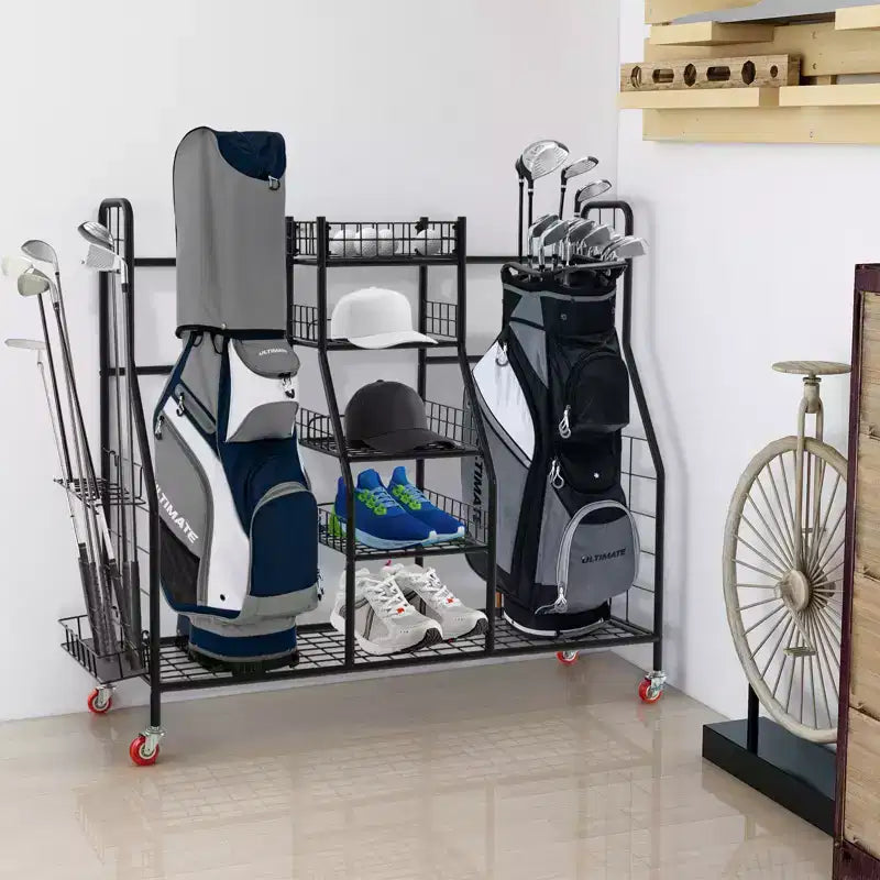 Gymax Heavy-Duty Metal Golf Bag Storage Organizer w/ Double Rack Removable Club Stand Shelves Lockable Wheels & Extra-Large Capacity