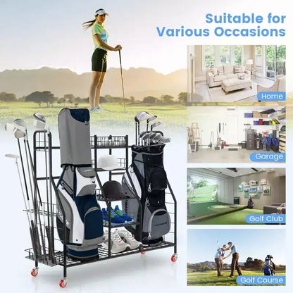 Gymax Heavy-Duty Metal Golf Bag Storage Organizer w/ Double Rack Removable Club Stand Shelves Lockable Wheels & Extra-Large Capacity