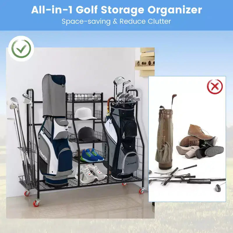 Gymax Heavy-Duty Metal Golf Bag Storage Organizer w/ Double Rack Removable Club Stand Shelves Lockable Wheels & Extra-Large Capacity