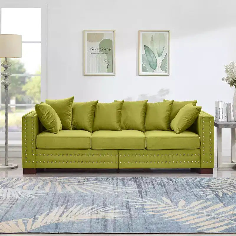 MAYEERTY 60.5 Modern Three Seaters Sofa with Silver Nails Square Armrest Upholstered Velvet for Living Room Green