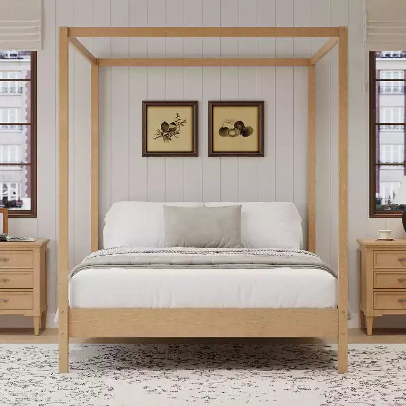 GDFStudio Ford Solid Wood Canopy Bed Frame with Poster Platform and Slats Support