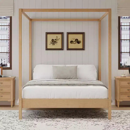 GDFStudio Ford Solid Wood Canopy Bed Frame with Poster Platform and Slats Support