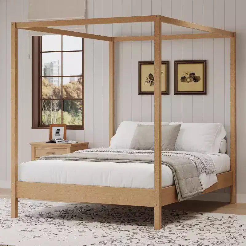Struttura letto a baldacchino in legno massello Ford di GDFStudio con piattaforma a poster e supporto a doghe
