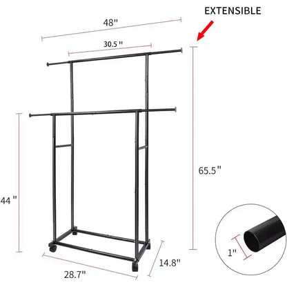 Heavy Duty Double Rod Rolling Clothes Rack, Adjustable Metal Garment Rack with 150 lbs Load Capacity, Locking Wheels & Bottom Shelf