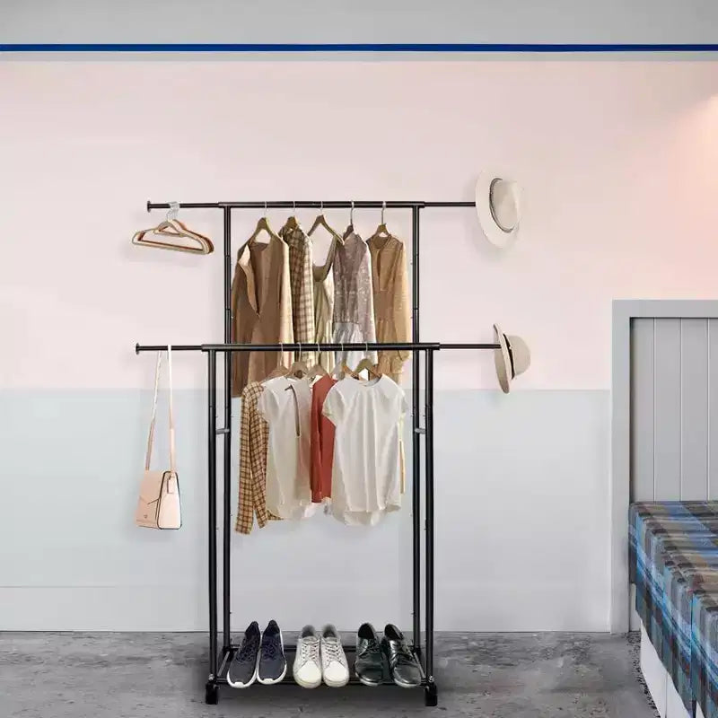 Heavy Duty Double Rod Rolling Clothes Rack, Adjustable Metal Garment Rack with 150 lbs Load Capacity, Locking Wheels & Bottom Shelf