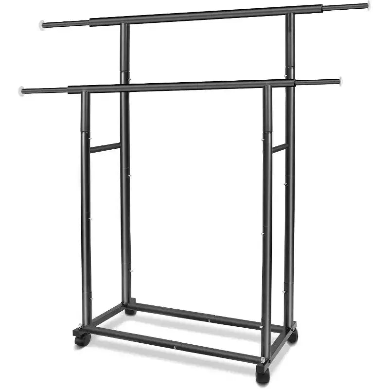 Heavy Duty Double Rod Rolling Clothes Rack, Adjustable Metal Garment Rack with 150 lbs Load Capacity, Locking Wheels & Bottom Shelf