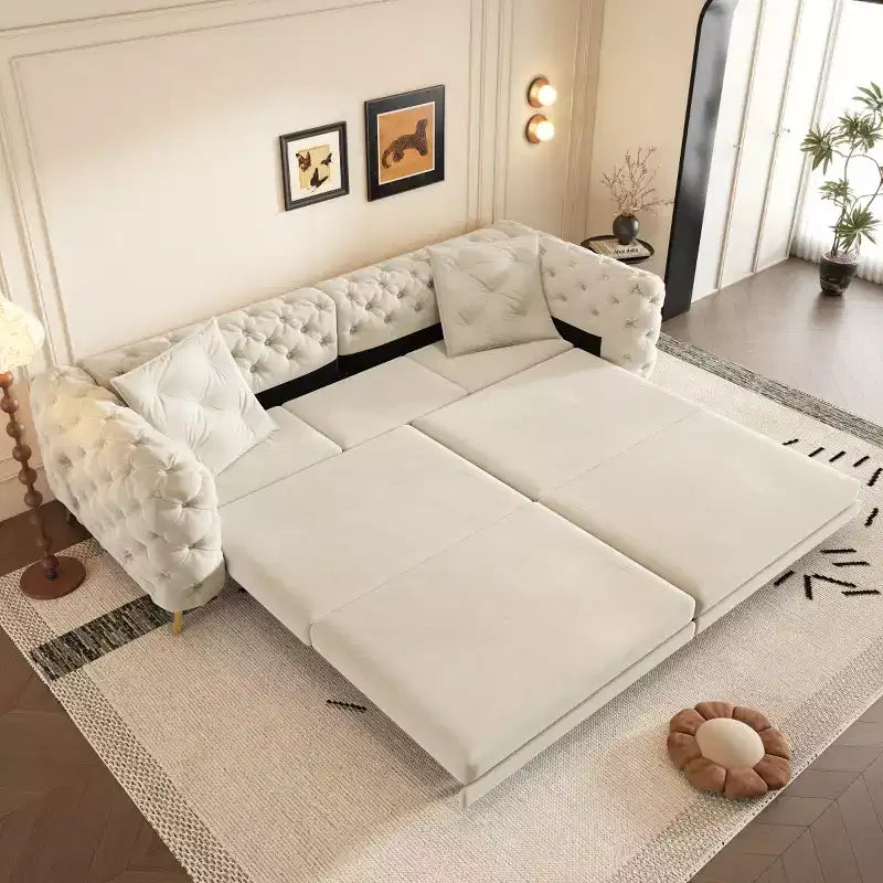 Divano letto matrimoniale moderno convertibile con pouf mobile, divano letto estraibile profondo in velluto per soggiorno o camera degli ospiti - Panipeachy