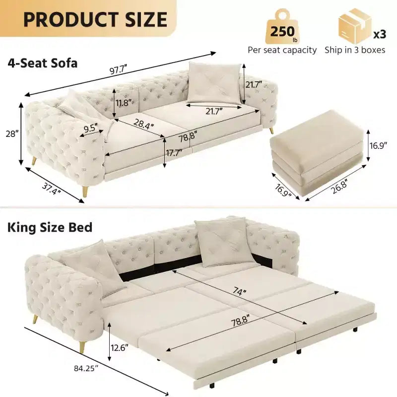 Divano letto matrimoniale moderno convertibile con pouf mobile, divano letto estraibile profondo in velluto per soggiorno o camera degli ospiti - Panipeachy
