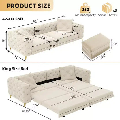 Divano letto matrimoniale moderno convertibile con pouf mobile, divano letto estraibile profondo in velluto per soggiorno o camera degli ospiti - Panipeachy