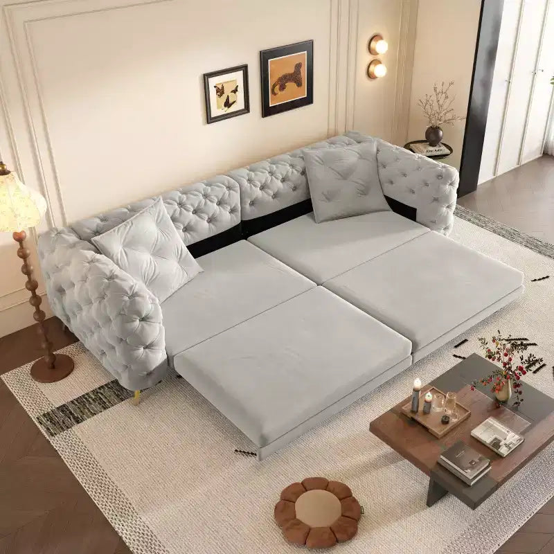 Divano letto matrimoniale moderno convertibile con pouf mobile, divano letto estraibile profondo in velluto per soggiorno o camera degli ospiti - Panipeachy