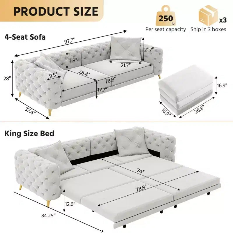 Divano letto matrimoniale moderno convertibile con pouf mobile, divano letto estraibile profondo in velluto per soggiorno o camera degli ospiti - Panipeachy