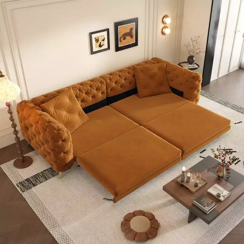Divano letto matrimoniale moderno convertibile con pouf mobile, divano letto estraibile profondo in velluto per soggiorno o camera degli ospiti - Panipeachy