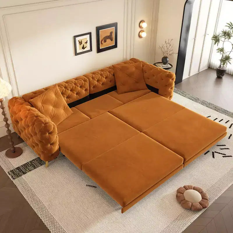 Divano letto matrimoniale moderno convertibile con pouf mobile, divano letto estraibile profondo in velluto per soggiorno o camera degli ospiti - Panipeachy
