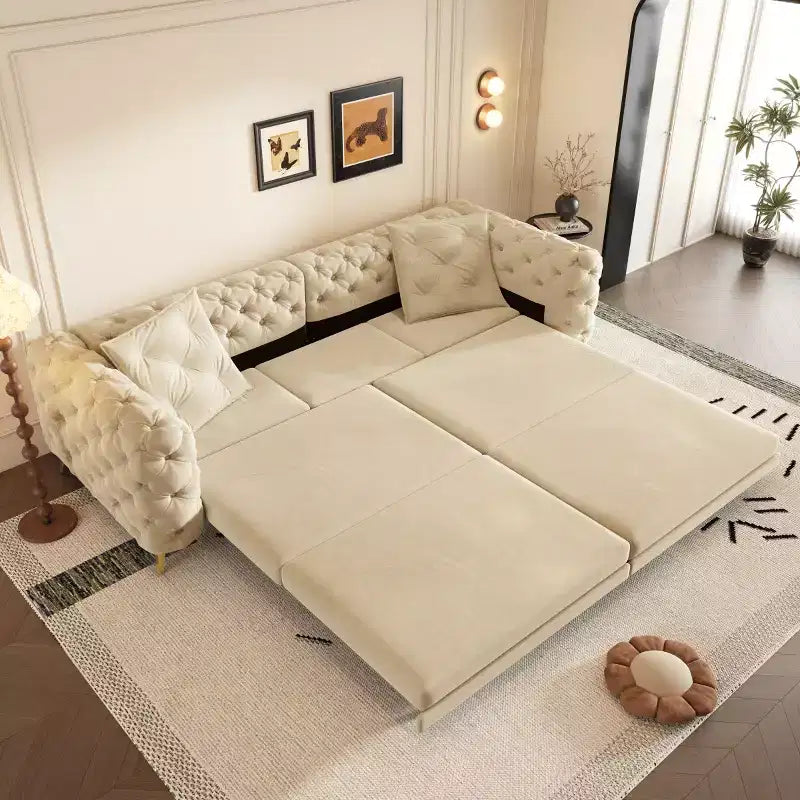 Divano letto matrimoniale moderno convertibile con pouf mobile, divano letto estraibile profondo in velluto per soggiorno o camera degli ospiti - Panipeachy