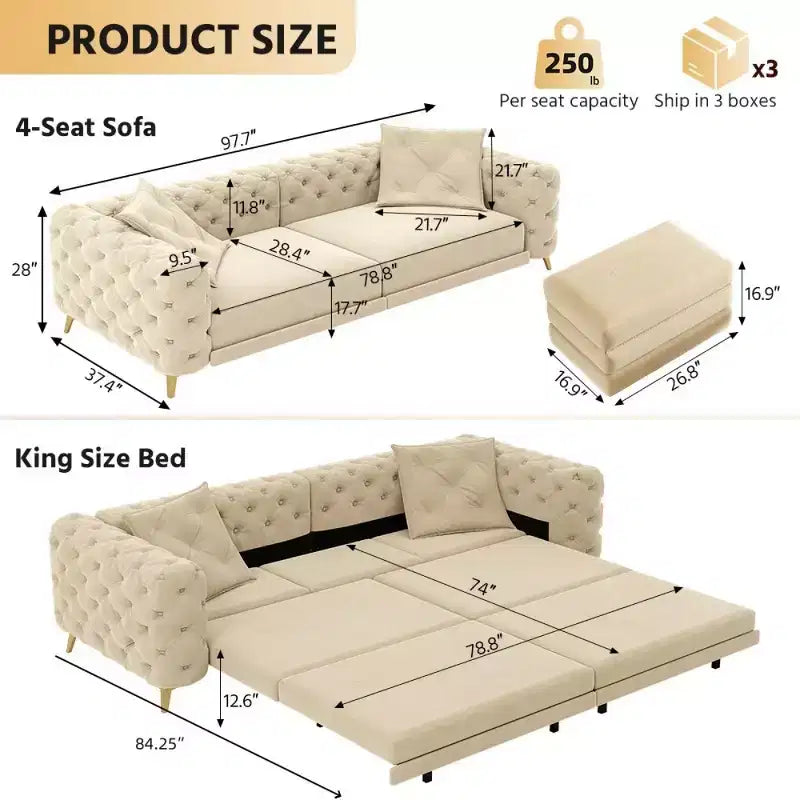 Divano letto matrimoniale moderno convertibile con pouf mobile, divano letto estraibile profondo in velluto per soggiorno o camera degli ospiti - Panipeachy