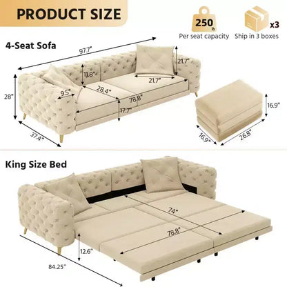 Divano letto matrimoniale moderno convertibile con pouf mobile, divano letto estraibile profondo in velluto per soggiorno o camera degli ospiti - Panipeachy