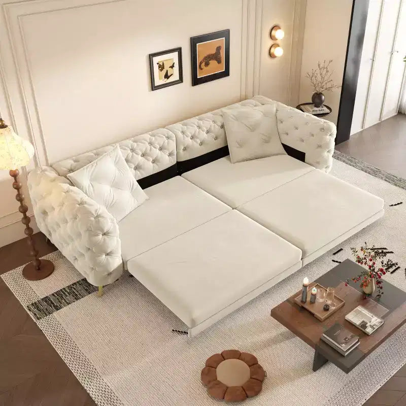 Divano letto matrimoniale moderno convertibile con pouf mobile, divano letto estraibile profondo in velluto per soggiorno o camera degli ospiti - Panipeachy