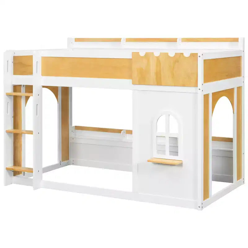 Twin Over Twin/Full Over Full Bunk Bed with Storage Shelves, Wooden Twin/Full Size Bunk Bed Frame with Window & Two Doors