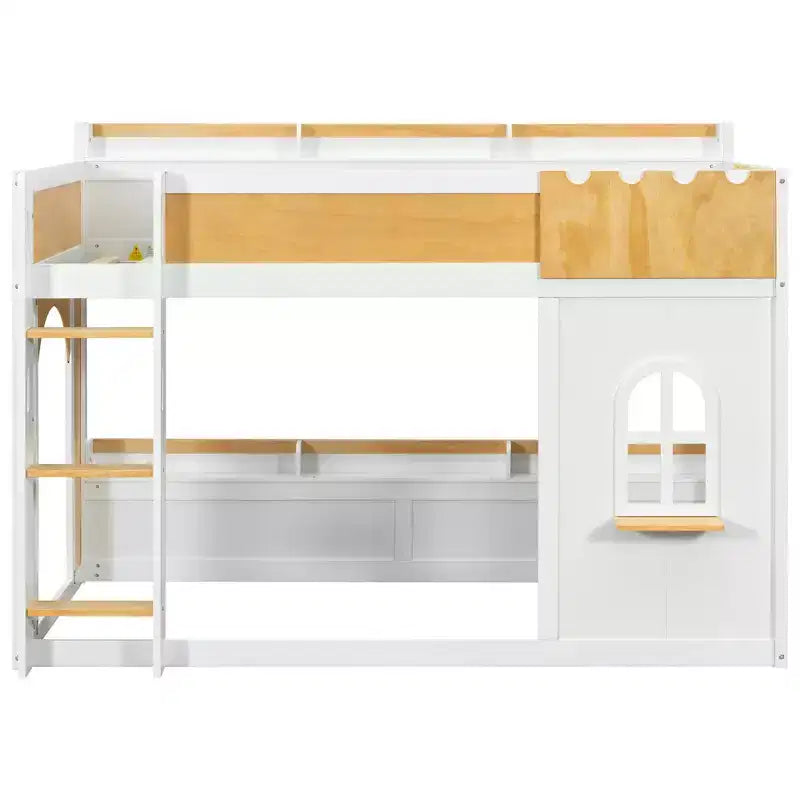 Twin Over Twin/Full Over Full Bunk Bed with Storage Shelves, Wooden Twin/Full Size Bunk Bed Frame with Window & Two Doors