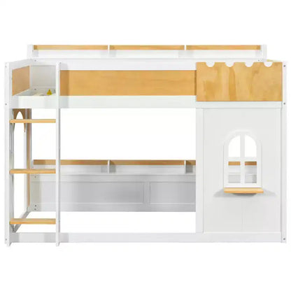 Twin Over Twin/Full Over Full Bunk Bed with Storage Shelves, Wooden Twin/Full Size Bunk Bed Frame with Window & Two Doors