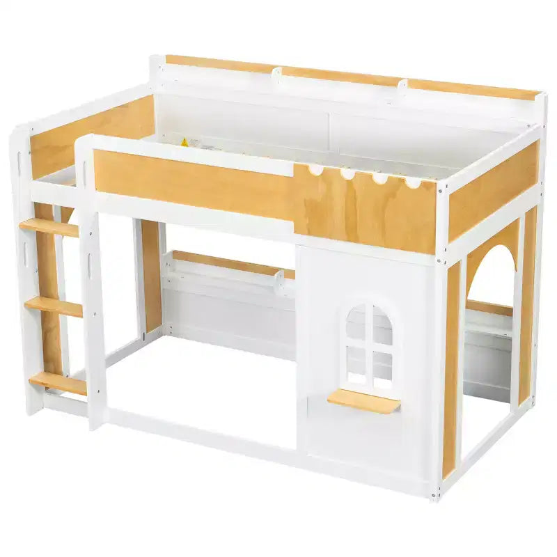 Twin Over Twin/Full Over Full Bunk Bed with Storage Shelves, Wooden Twin/Full Size Bunk Bed Frame with Window & Two Doors