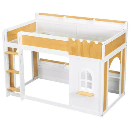 Twin Over Twin/Full Over Full Bunk Bed with Storage Shelves, Wooden Twin/Full Size Bunk Bed Frame with Window & Two Doors