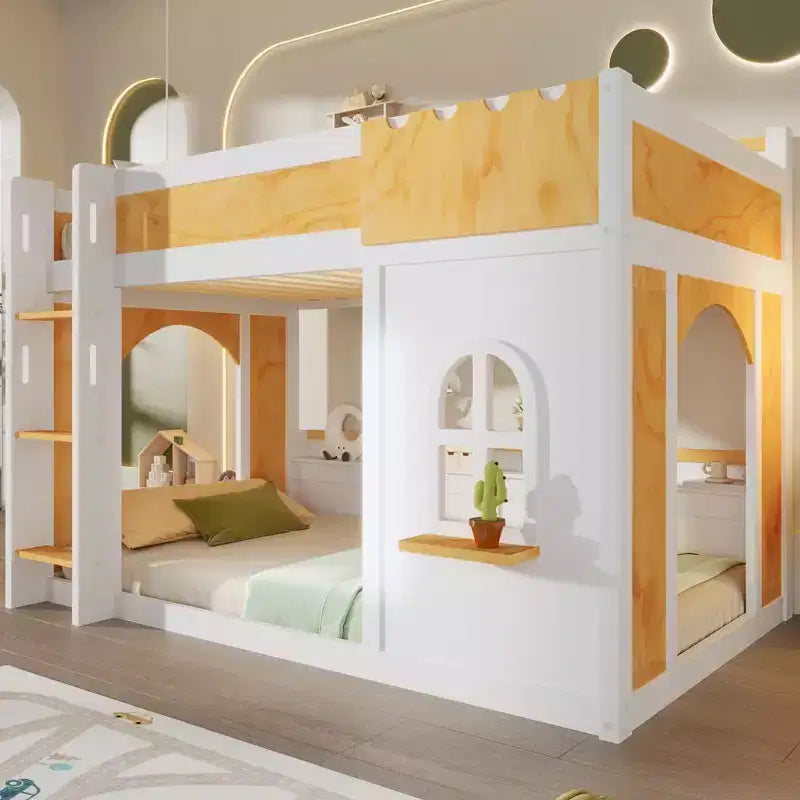 Twin Over Twin/Full Over Full Bunk Bed with Storage Shelves, Wooden Twin/Full Size Bunk Bed Frame with Window & Two Doors