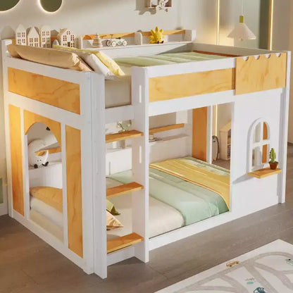 Twin Over Twin/Full Over Full Bunk Bed with Storage Shelves, Wooden Twin/Full Size Bunk Bed Frame with Window & Two Doors