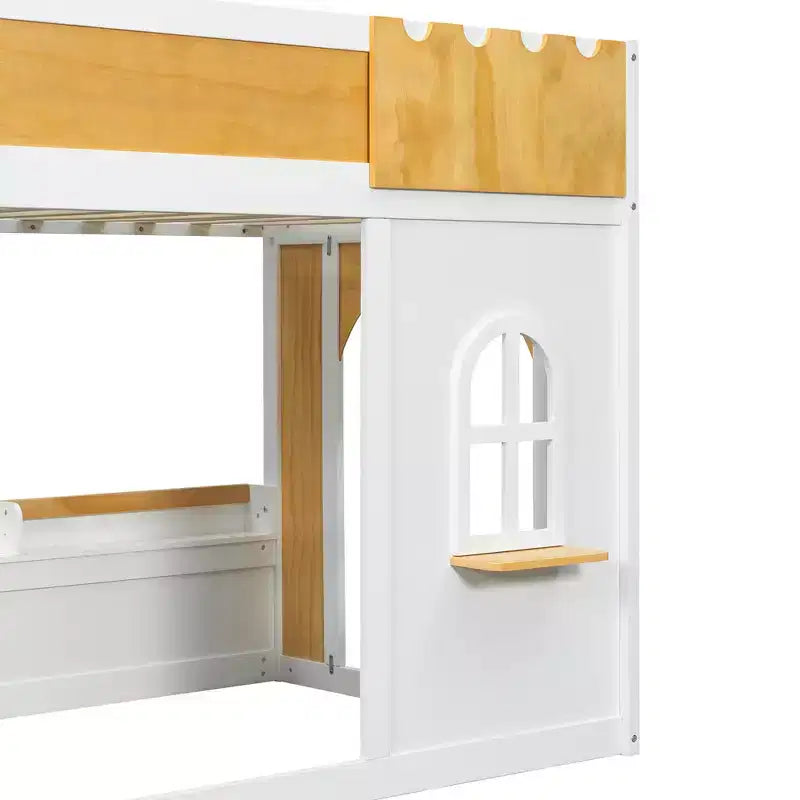 Twin Over Twin/Full Over Full Bunk Bed with Storage Shelves, Wooden Twin/Full Size Bunk Bed Frame with Window & Two Doors