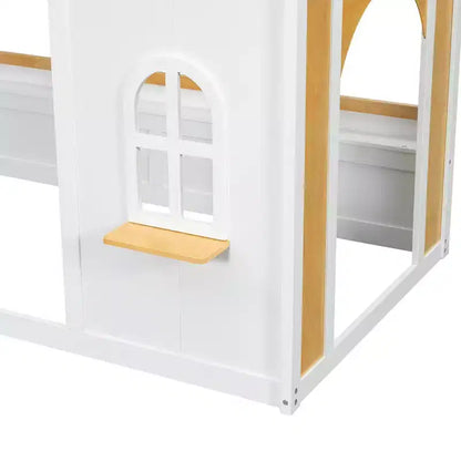 Twin Over Twin/Full Over Full Bunk Bed with Storage Shelves, Wooden Twin/Full Size Bunk Bed Frame with Window & Two Doors