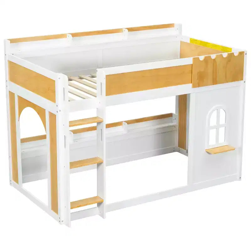 Twin Over Twin/Full Over Full Bunk Bed with Storage Shelves, Wooden Twin/Full Size Bunk Bed Frame with Window & Two Doors