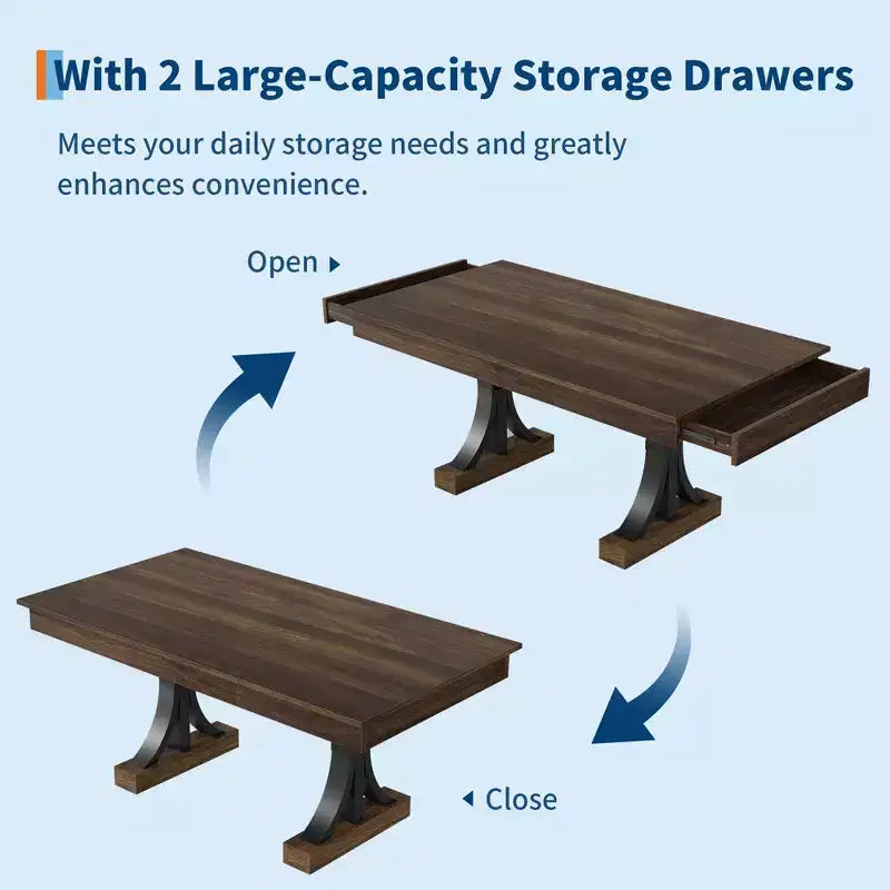 Dining Table for 6-8 with 2 Drawers, Wooden Kitchen Table with Double Pedestal & Large Tabletop,8 Ft Large Rectangular Dinner Table with Sturdy Frame