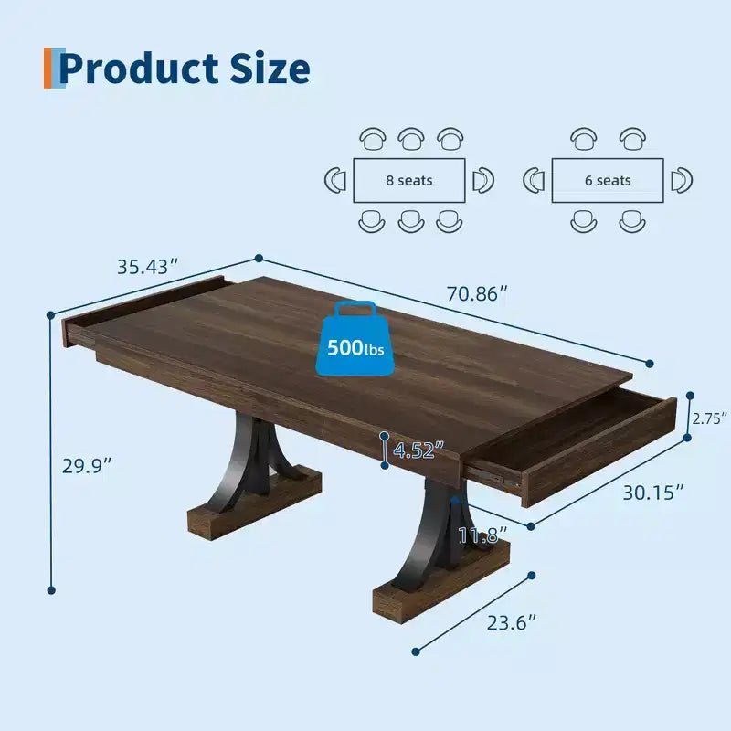 Dining Table for 6-8 with 2 Drawers, Wooden Kitchen Table with Double Pedestal & Large Tabletop,8 Ft Large Rectangular Dinner Table with Sturdy Frame