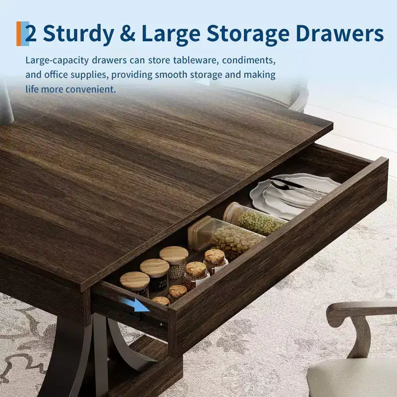 Dining Table for 6-8 with 2 Drawers, Wooden Kitchen Table with Double Pedestal & Large Tabletop,8 Ft Large Rectangular Dinner Table with Sturdy Frame