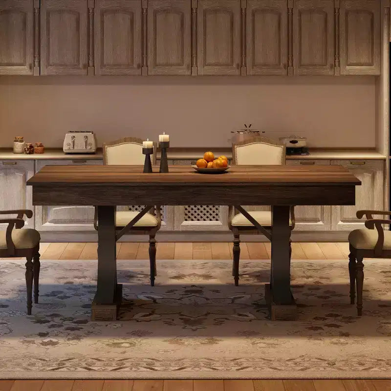 Dining Table for 6-8 with 2 Drawers, Wooden Kitchen Table with Double Pedestal & Large Tabletop,8 Ft Large Rectangular Dinner Table with Sturdy Frame