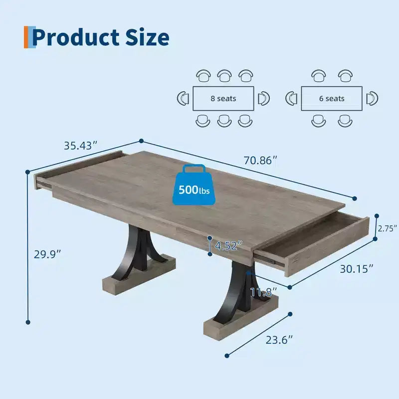 Dining Table for 6-8 with 2 Drawers, Wooden Kitchen Table with Double Pedestal & Large Tabletop,8 Ft Large Rectangular Dinner Table with Sturdy Frame