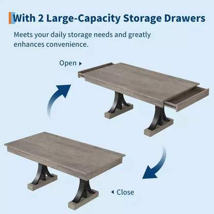 Dining Table for 6-8 with 2 Drawers, Wooden Kitchen Table with Double Pedestal & Large Tabletop,8 Ft Large Rectangular Dinner Table with Sturdy Frame