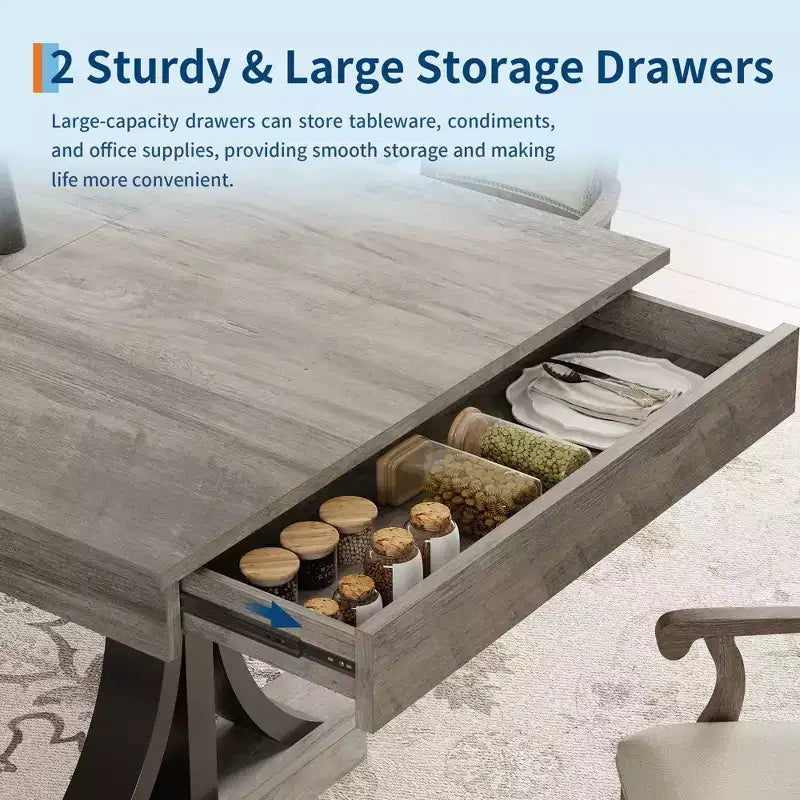 Dining Table for 6-8 with 2 Drawers, Wooden Kitchen Table with Double Pedestal & Large Tabletop,8 Ft Large Rectangular Dinner Table with Sturdy Frame
