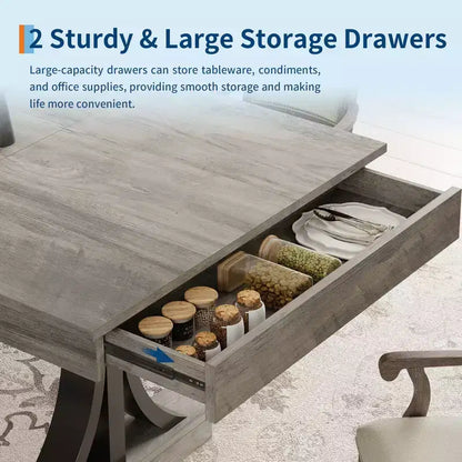 Dining Table for 6-8 with 2 Drawers, Wooden Kitchen Table with Double Pedestal & Large Tabletop,8 Ft Large Rectangular Dinner Table with Sturdy Frame