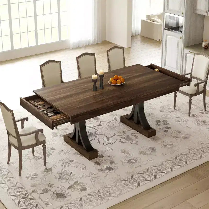 Dining Table for 6-8 with 2 Drawers, Wooden Kitchen Table with Double Pedestal & Large Tabletop,8 Ft Large Rectangular Dinner Table with Sturdy Frame