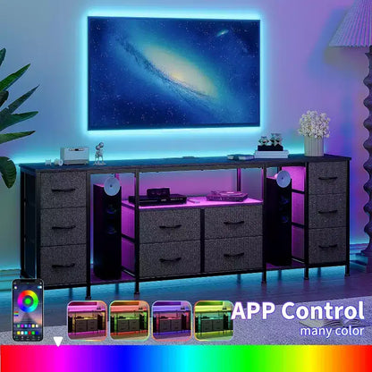 10 Drawer Dresser,TV Stand with Fabric Drawers for 75 70 65 Inch TV, TV Console Table with Open Storage Shelves for Living Room, Bedroom,