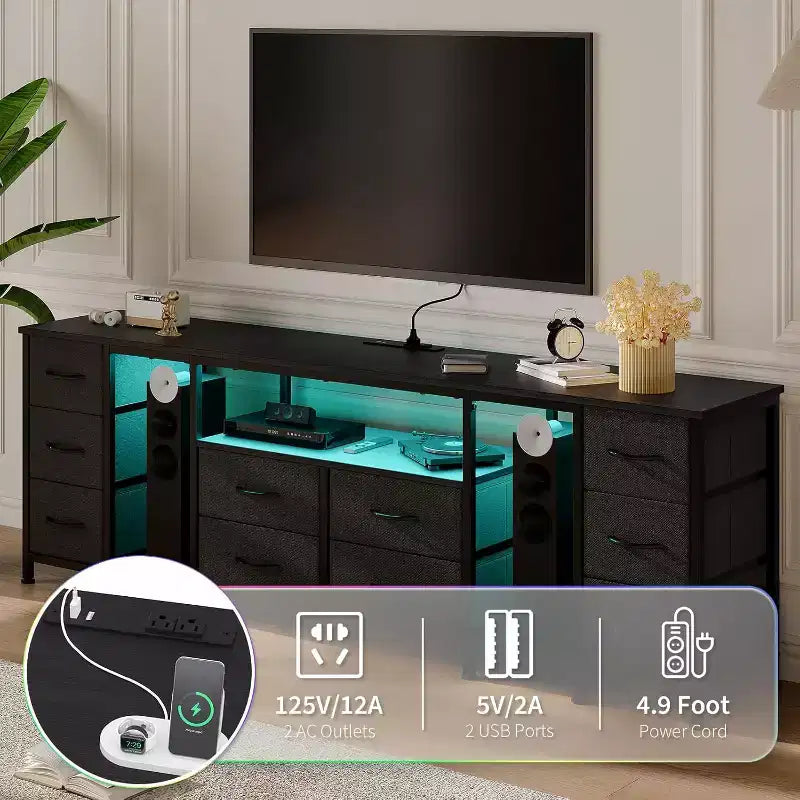 10 Drawer Dresser,TV Stand with Fabric Drawers for 75 70 65 Inch TV, TV Console Table with Open Storage Shelves for Living Room, Bedroom,